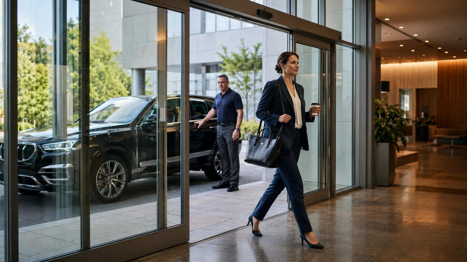 A PrimeKar client arriving at a Calgary office lobby